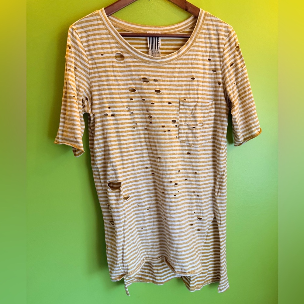 Free People - Medium Distressed Striped Tee Mustard Cream Grunge Boho Oversized